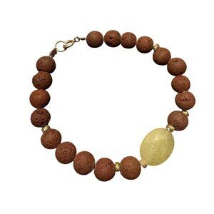 Brown Lava Stone Yellow Oval Bead Bracelet Gold Accents Handmade Stretch Jewelry